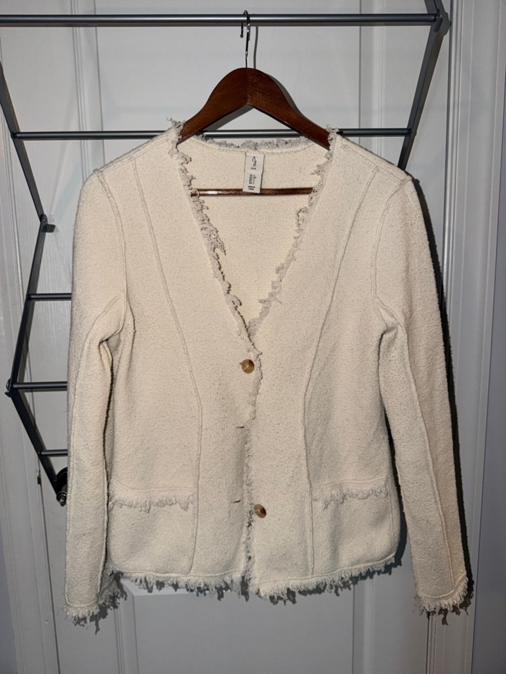 Joie Cream Bouclé Frayed-Trim Cardigan
